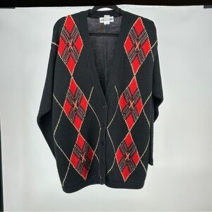 Women’s Large Black Red Gold Argyle Sweater‎ Cardigan